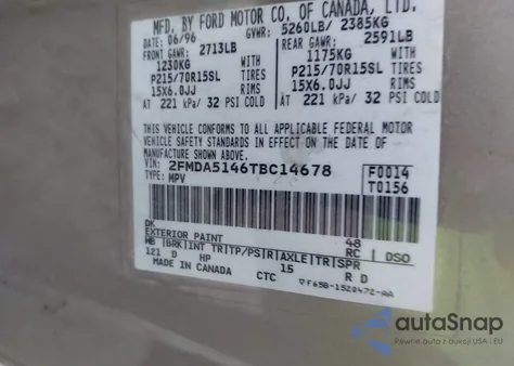 1996 Ford Windstar Wagon из США, поврежденный, VIN 2FMDA5146TBC14678